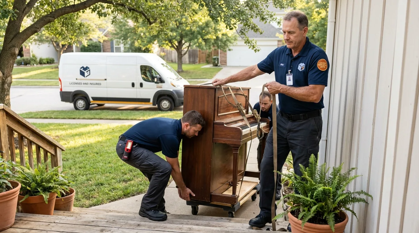 Licensed piano movers securing grand piano in Cloquet, MN