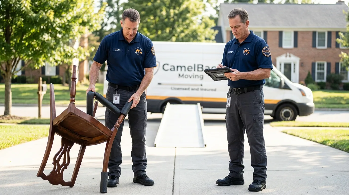 Movers inspecting furniture for damage prevention before loading in Cloquet, MN