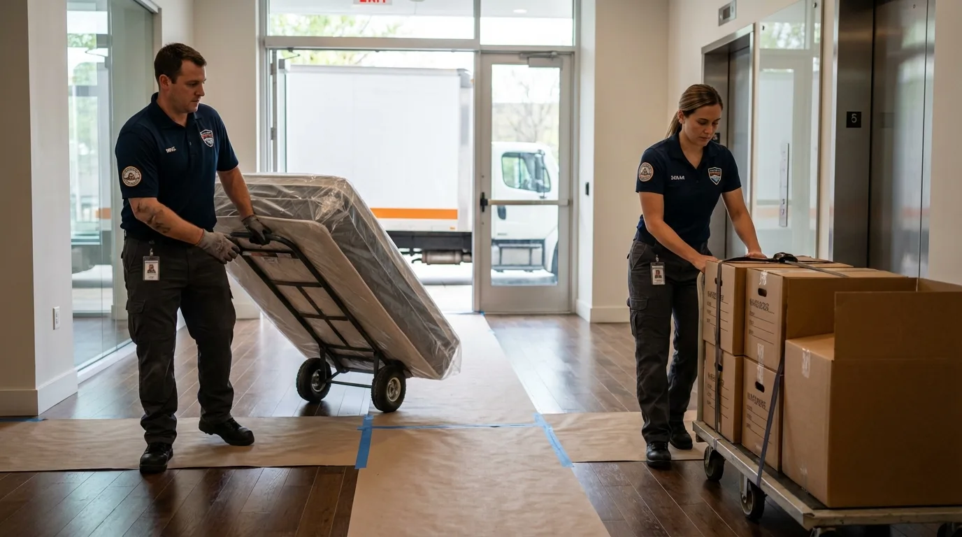 Professional apartment movers loading elevator in Cloquet, MN