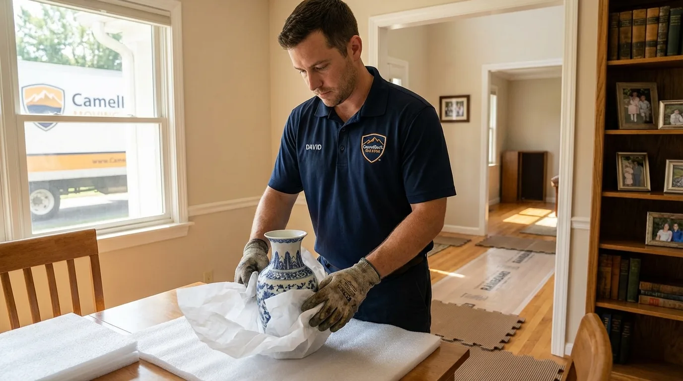 Professional crew carefully wrapping antique vase for senior downsizing move in Cloquet, MN