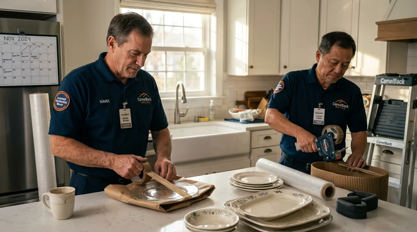 Professional crew packing kitchen dishware in Cloquet, MN